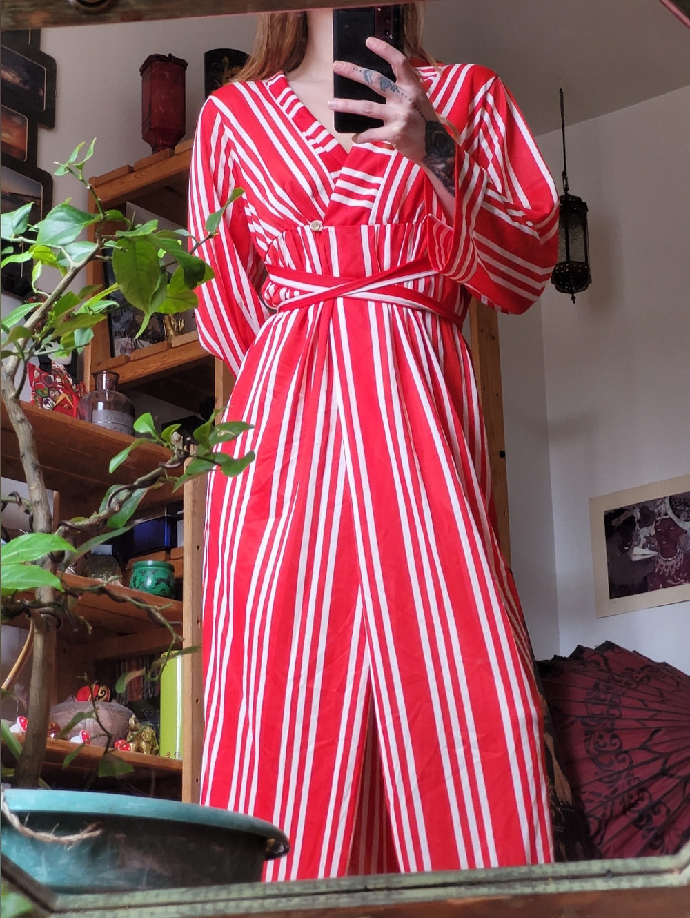 Sears Vintage Retro Red and White Striped Long Wrap Dress/Robe - Size S - Picture 1 of 6